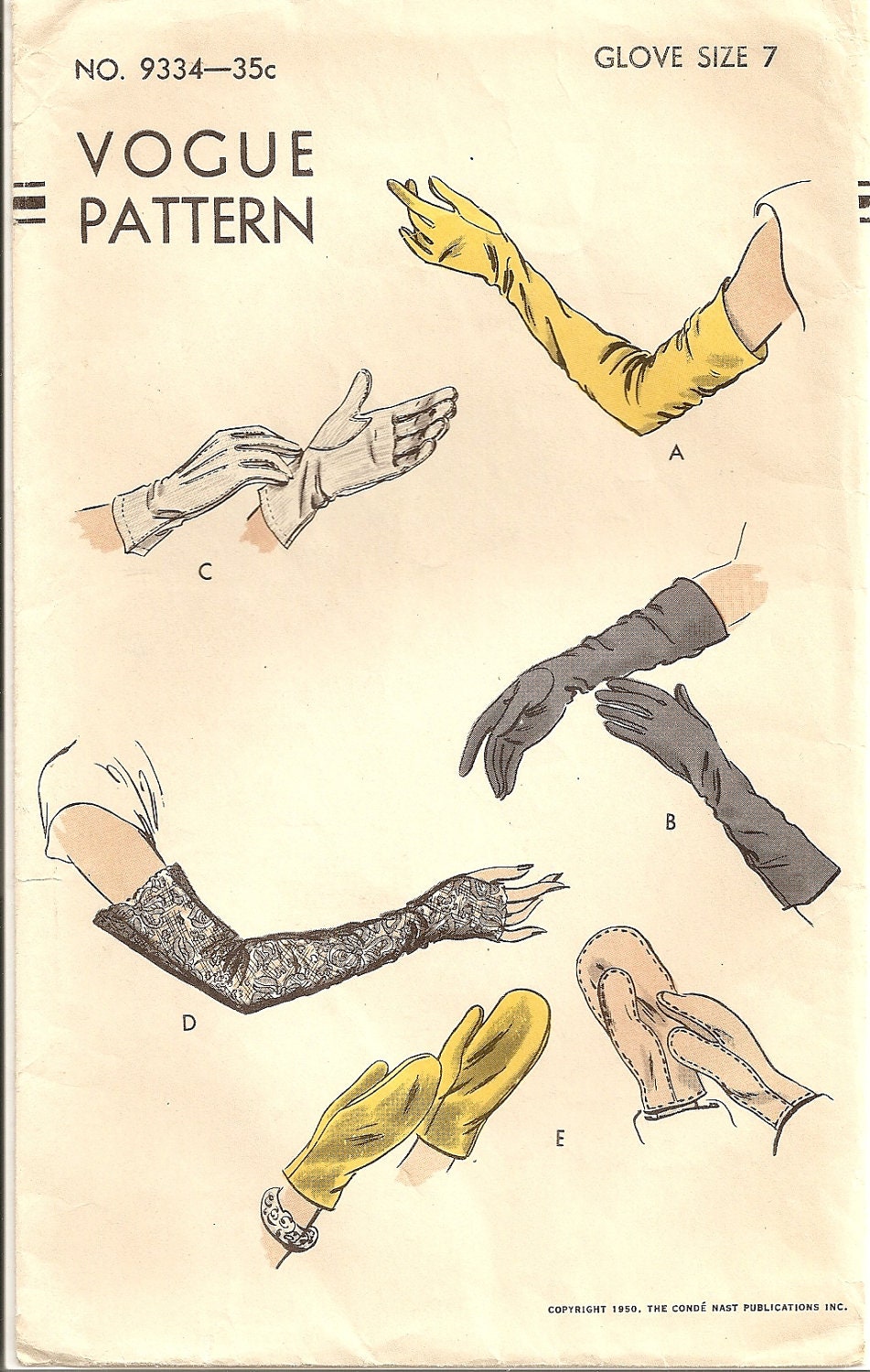 Vintage 40s-50s Pattern Vogue 9334 GLOVES, Fingerless Gloves, Mitts, Mittens, 3 lengths Size 7, Unused