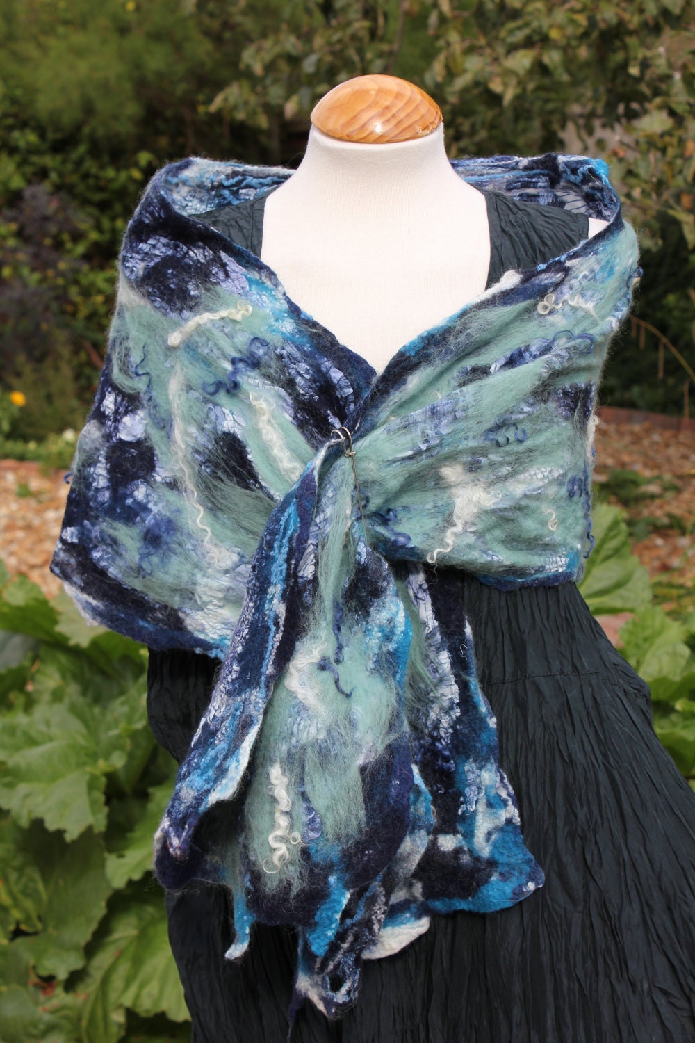 Nuno felted cotton & wool shawl scarf wrap - blue duck egg navy white - Art To Wear OOAK