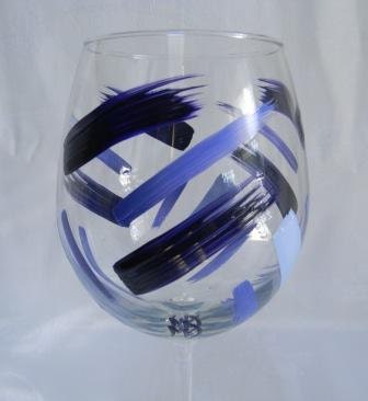 Wine glass hand painted with blue stripes