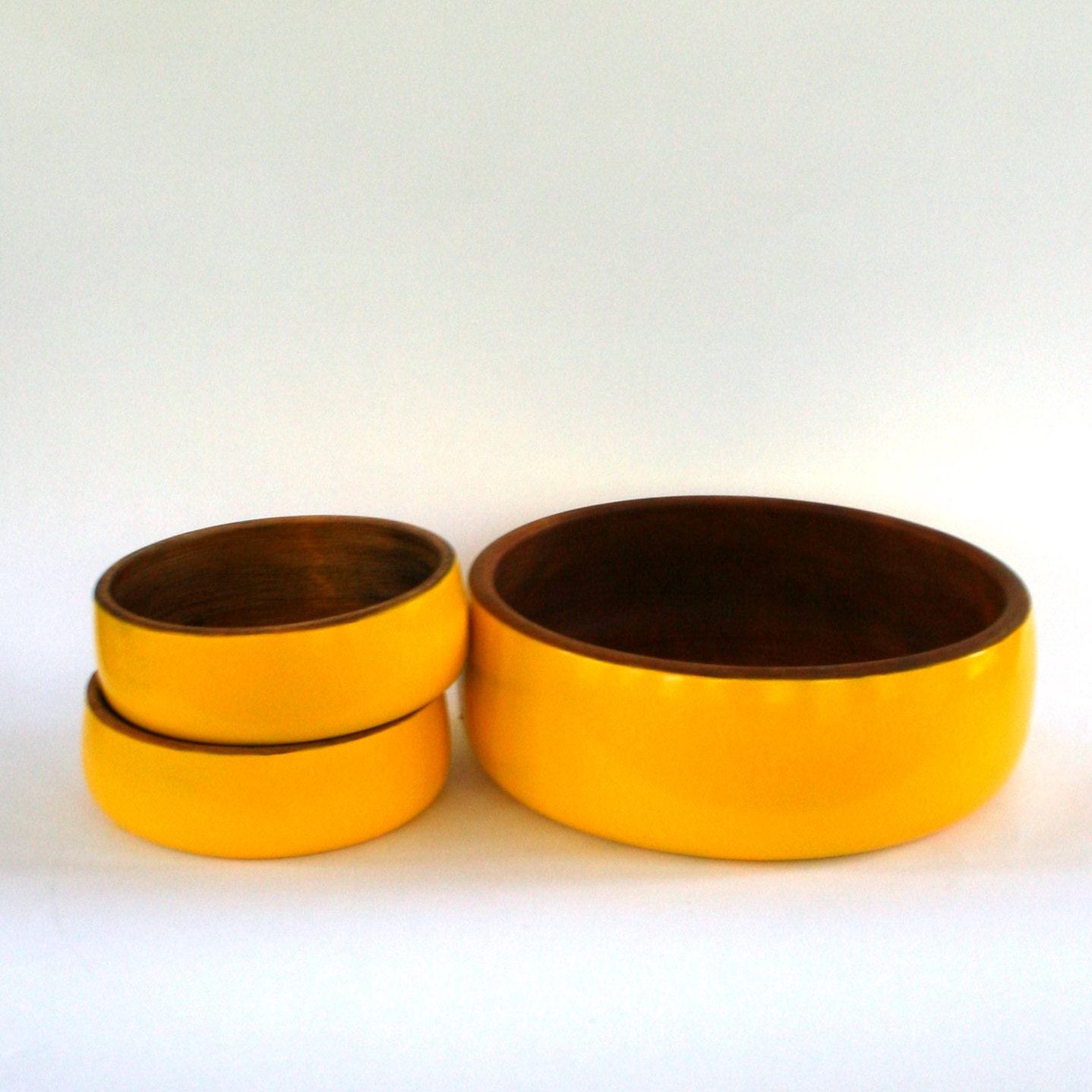 Teak Wooden Salad Bowl Set. Serving Bowl. Yellow. Fall Autumn Home Decor. Thanksgiving Table Display.