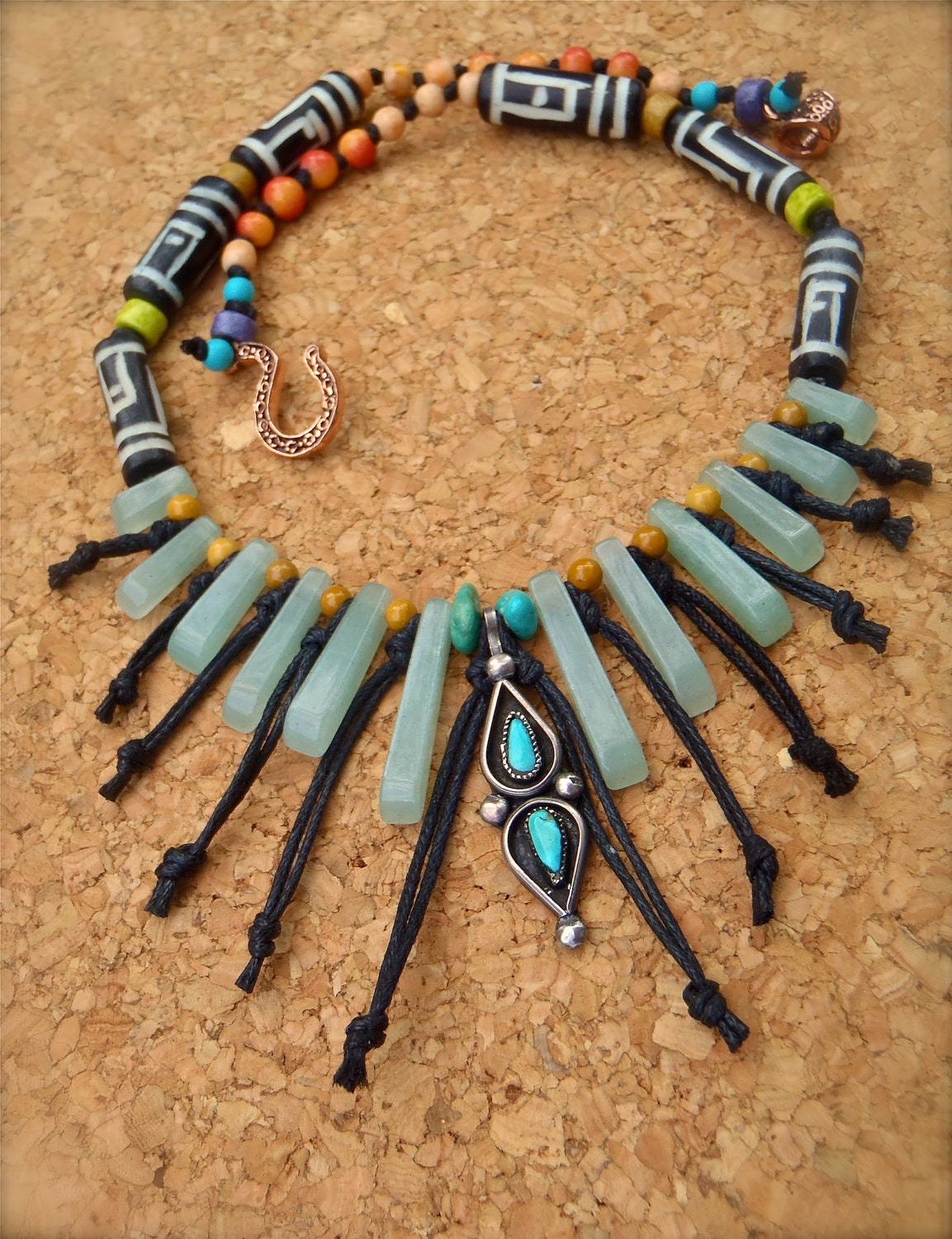 Aventurine FRINGE necklace TRIBAL necklace bib necklace statement necklace Sterling silver turquoise necklace