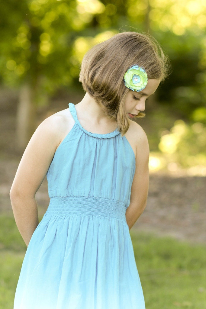 Lime Green and Blue Bird Blue Satin Singed Flower with Netting and Rhinestone Accent Hair Clip