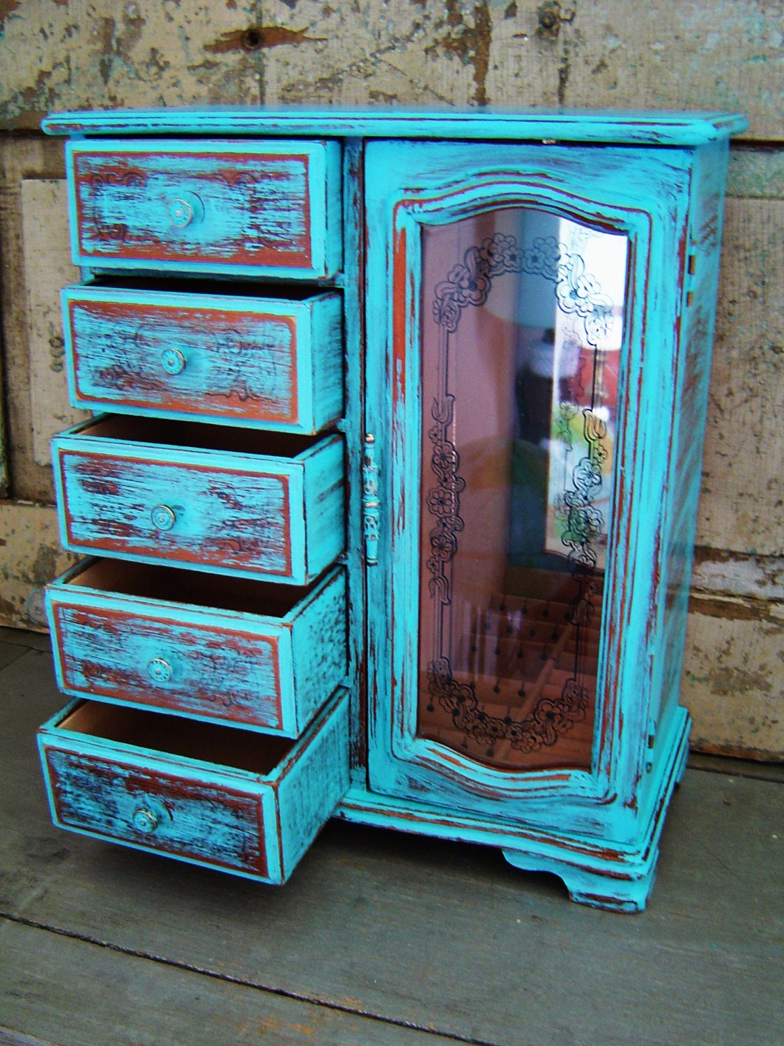 Jewelry Box Turquoise Distressed Wooden Large