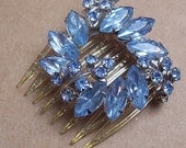 Vintage hair comb Hollywood Regency blue rhinestone hair accessory 1960s