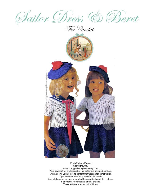 Sailor Dress and Beret for Girls - Vintage Pattern to Crochet - PDF Email Delivery - PrettyPatternsPlease