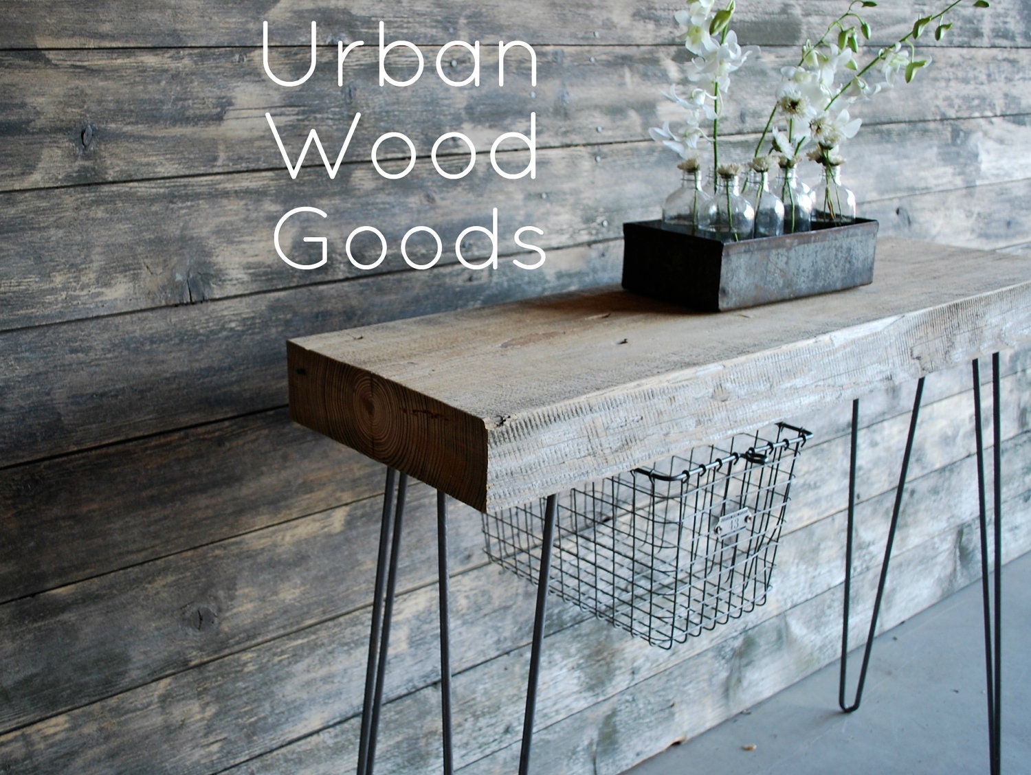 Industrial Console table with thick reclaimed wood top, hairpin legs.(free shipping) 2 ft l x 11.5" x 30" tall