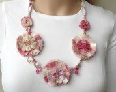 SALE Less 20%Necklace Fiber Pink White Cream Gold Silk Fabric Necklace Flowers Fabric Jewelry Silk & Beads One of a Kind