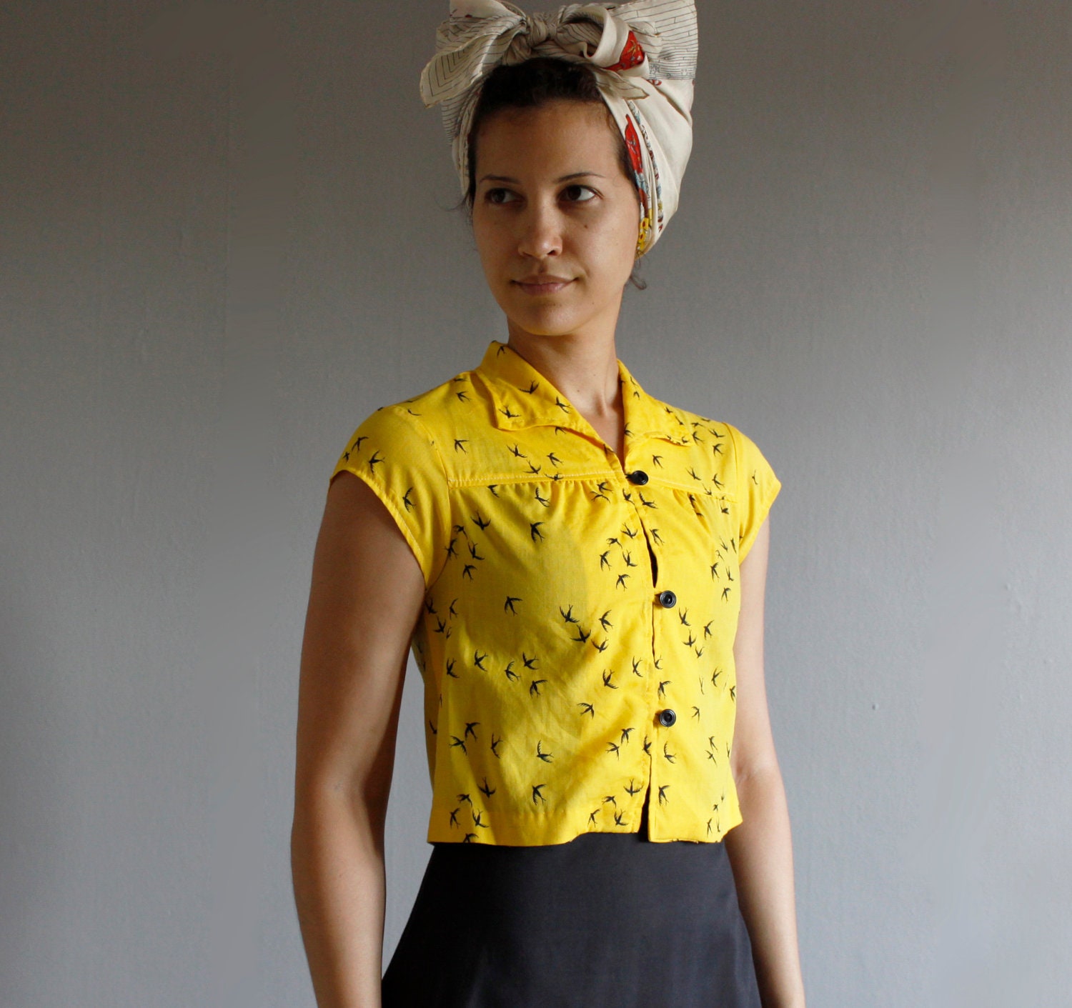 1970's bird blouse sun dress set ( xs )
