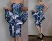 Vintage 80s ORIGAMI BONED Ruffled BUSTIER Cotton Strapless Navy Blue Antique Mint Lavender Purple Wiggle Cocktail Dress Small