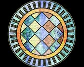 Modern Harlequin Circle 8 x 8 inch print watercolor mixed media aqua teal yellow red pastels diamond wheel spokes abstract textured art