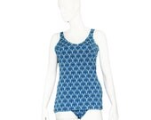 Vintage 1950s blue paisley wallpaper print swimsuit by Kittiwake with boy leg skirt and moulded cups size medium to large