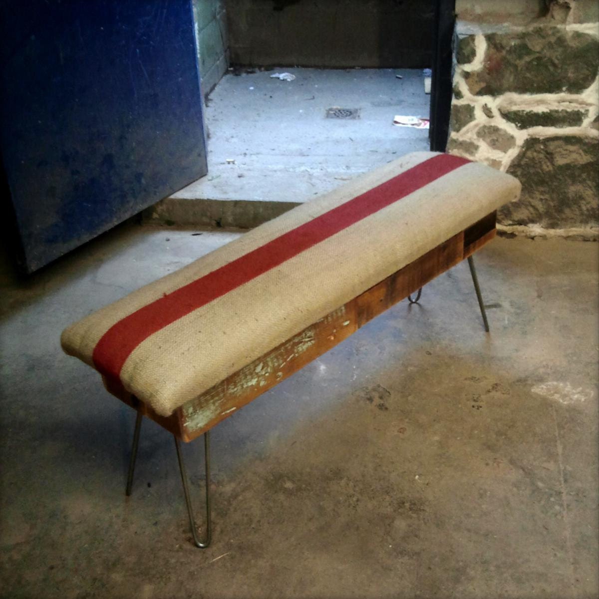 Salvaged wood and recycled coffee sack stripe bench