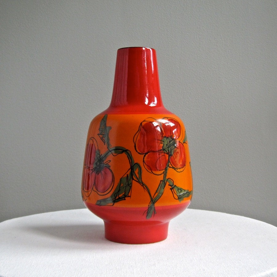 Raymor Italian Pottery Vase in Tomato Red with Flowers
