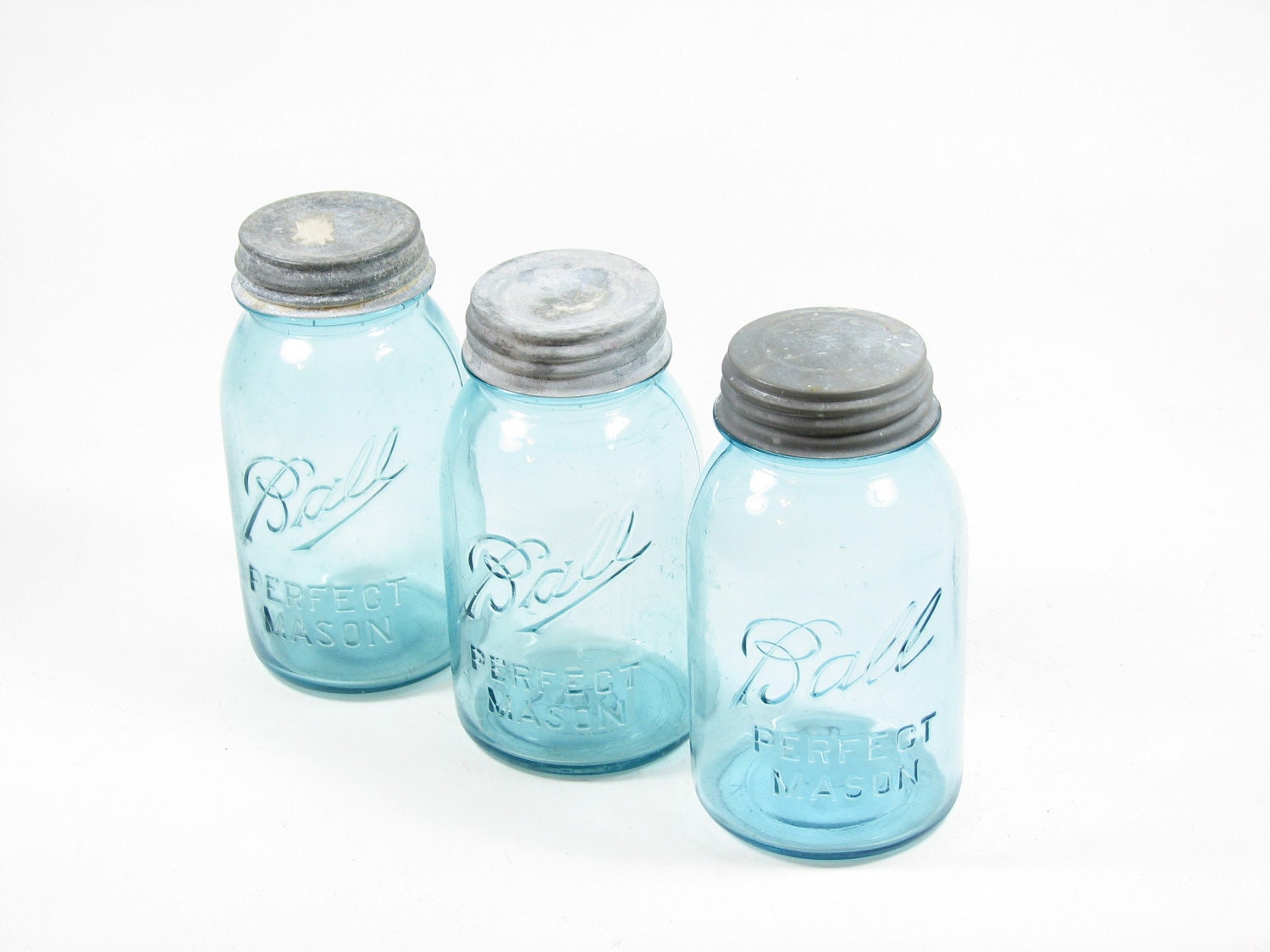 Vintage Ball Mason Jars Blue Canning Jars Zinc Lids Quart Size - Set of 3