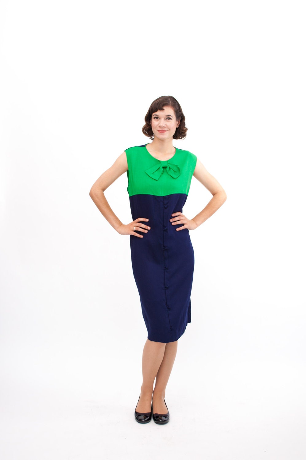 Vintage 1960s Shift Dress - 60s Linen Dress - Navy & Kelly Green - Plus Size