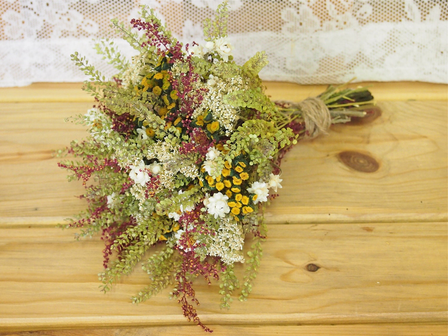 HERBS and FLOWERS Bridesmaid Dried Flower Bouquet - Burgundy and Yellow