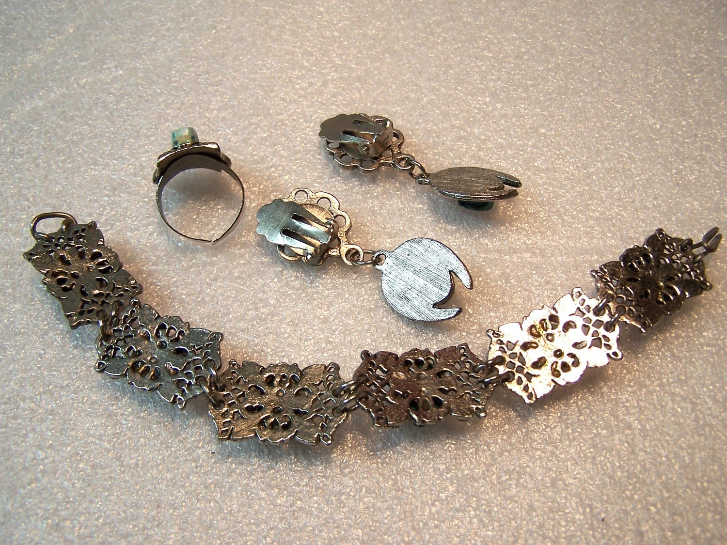 Ceramic Scarab Egyptian Ring Bracelet  and Clip Earrings