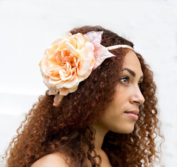 Peach Rose Cream Elastic Headband with Leaves