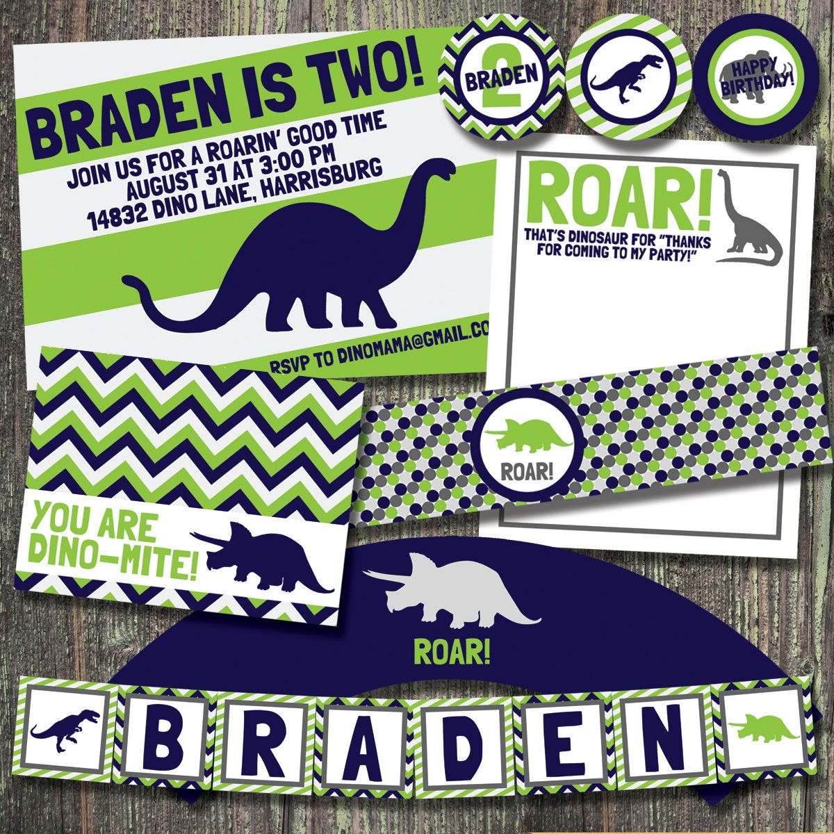Dinosaur Party Pack JPEG (Invitation, Cupcake Topper and Wrapper, Bottle and Food Label, Thank You, Treat Bags, Banner) Il_570xn