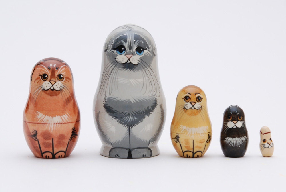 Cat family stacking dolls matryoshka nesting dolls set of 5, free shipping