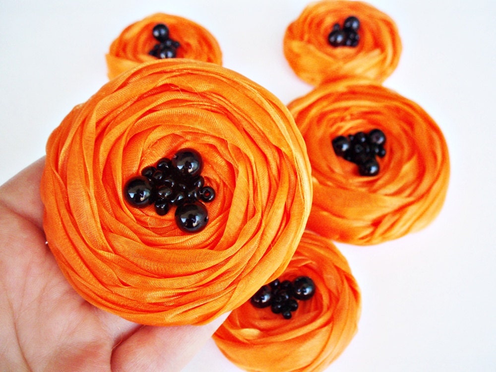Neon Orange Chiffon Roses Handmade Appliques Embellishments(5 pcs) - BizimSupplies