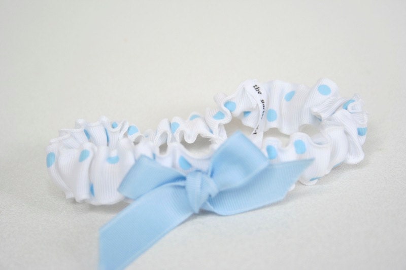 Wedding Garter - Simple White and Blue Polka Dot Bridal Garter - Clearance Sale