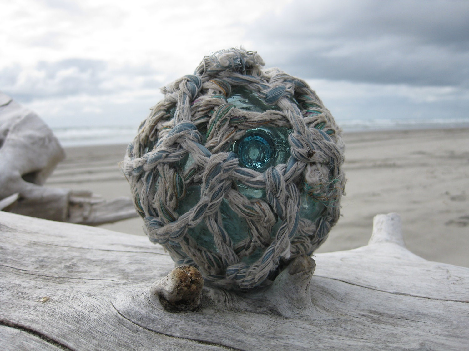 Japanese Glass Fishing Float - Original Multi-Colored Double Net, Grapefruit Size, Teal Blue, Kanji Marks