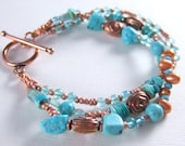 Copper, Turquoise, and Apatite Triple Strand Bracelet