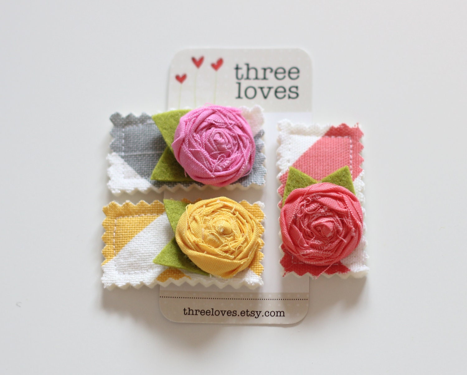 pink yellow and coral flowers - set of 3 fabric and felt snap clips