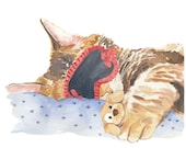 Tabby Cat Watercolour Illustration Original Painting, Beauty Sleep, Animal Art, 14x11