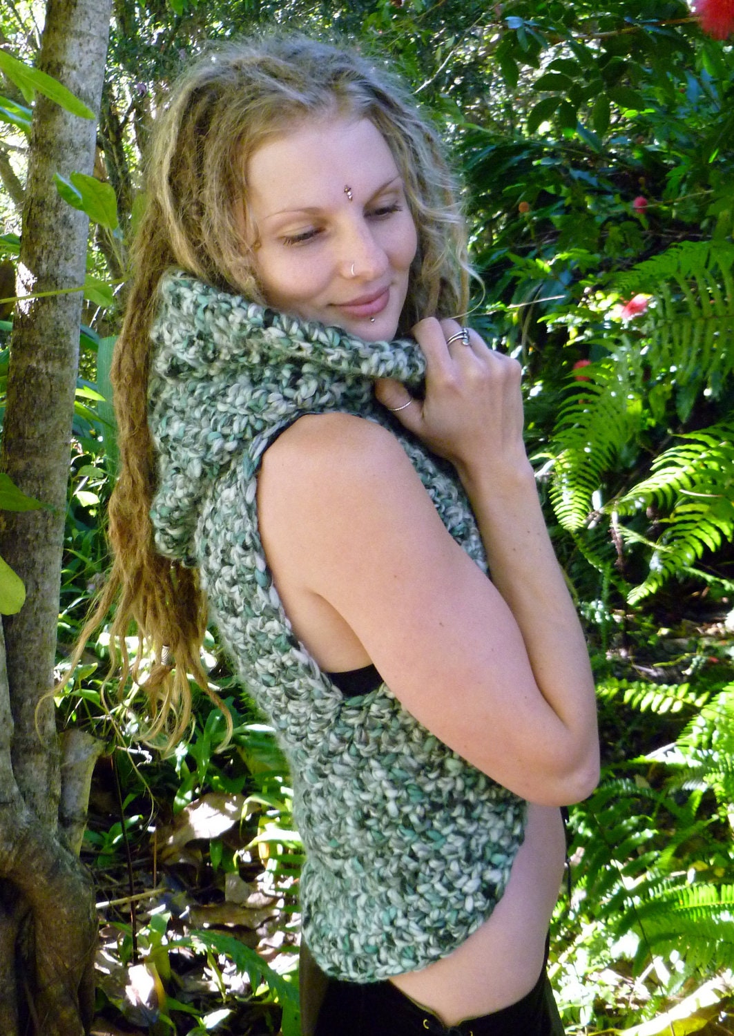 Cosy Forest Faery Hooded Lace up Crochet Vest
