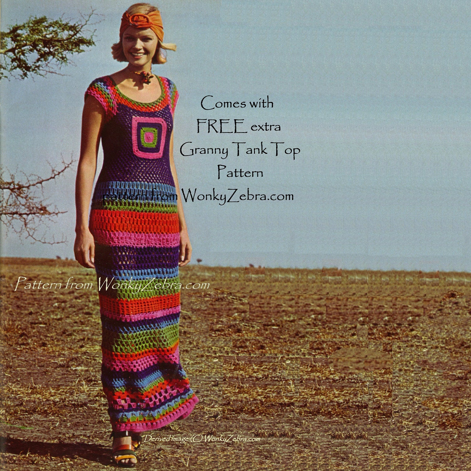 Vintage Crochet Pattern PDF 134 Granny Square Maxi Dress from WonkyZebra