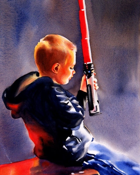 ACEO print Star Wars Childhood memory boy pretending to be a jedi art card limited edition