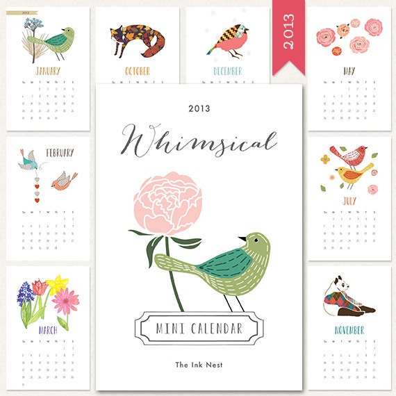Printable Whimsical Mini Calendar 2013 - You Print - DIY