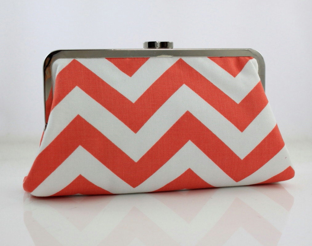 Bridesmaid Clutch - Coral & White Chevron Zig Zag Stripes  - 8 inches Larger Silver Frame Clutch - the Christine Clutch