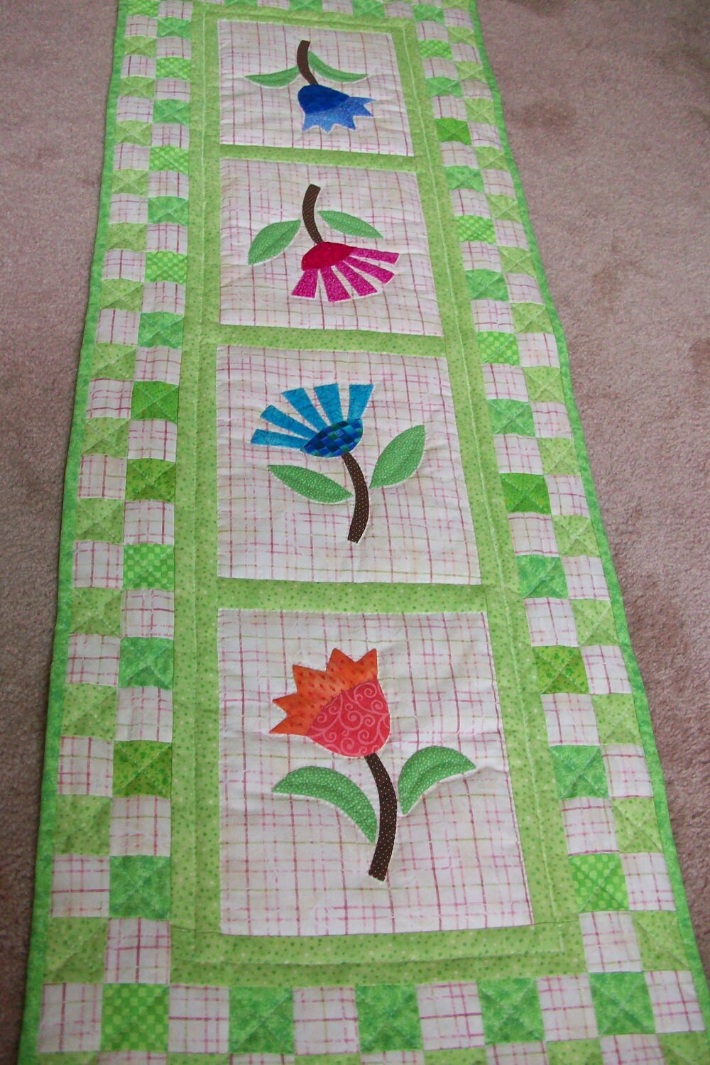 Items similar to Flower Whimsy Applique Quilted Table Runner, Green and