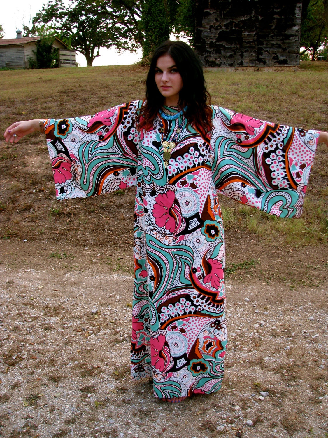 Vintage 1970s Hippie Bohemian MAXI Dress in Psychedelic Pucci Print