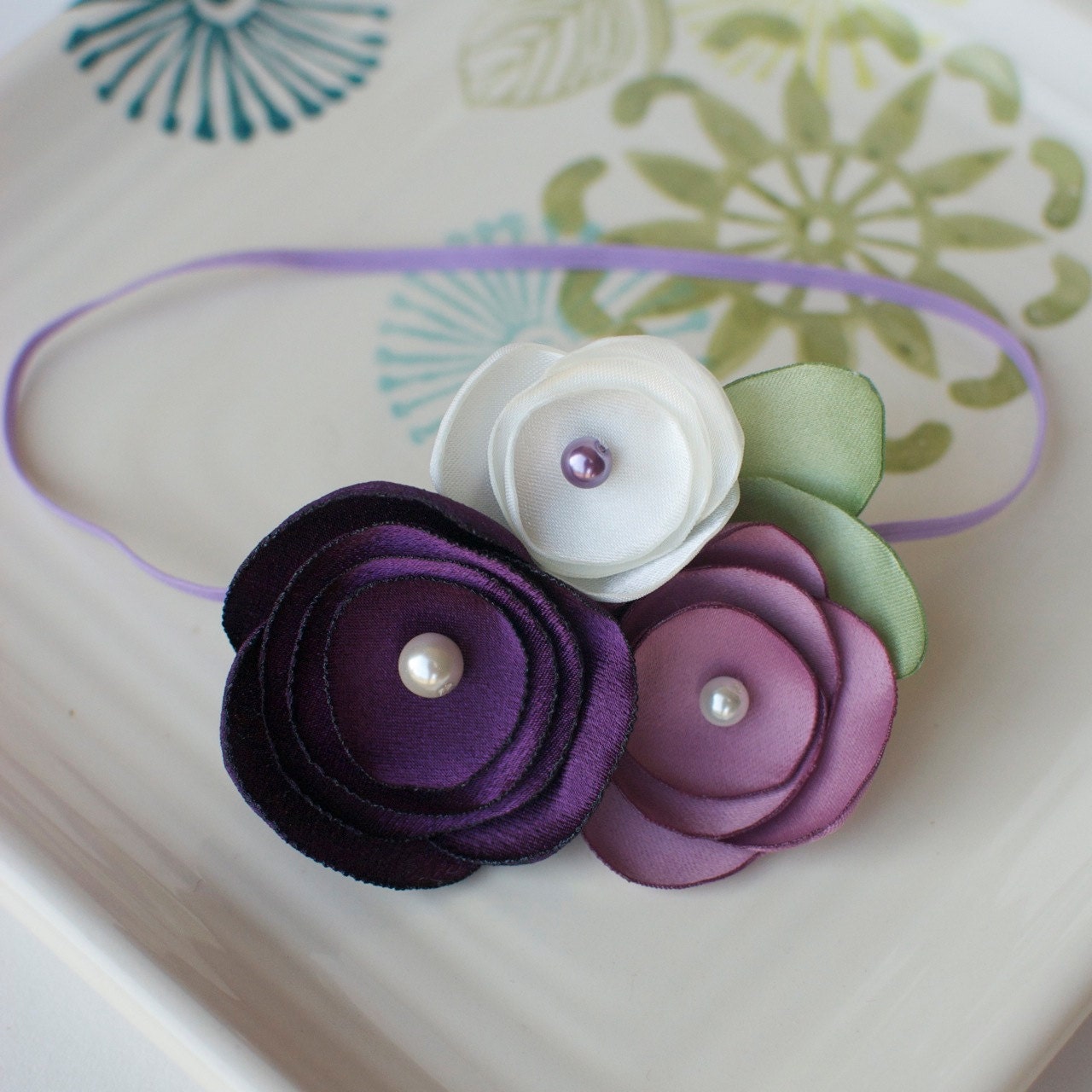 Lilac and Cream Satin Flower Cluster Headband on Skinny Elastic