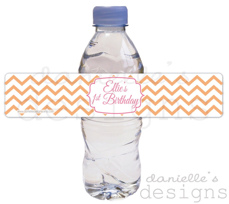 Orange and Pink Modern Chevron Personalized Birthday Waterproof Water Bottle Labels - 35 Labels