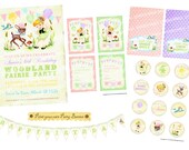 Digital PRINTABLE Vintage Woodland Fairy Girl Deer Bird Package Set Girl Daughter Celebrate Banner Nursery Invitation Label Card Tag PP08