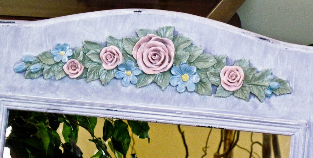 Mirrored Shelf 22" 5 x 32 Lilac Handpainted with Rose Floral Relief