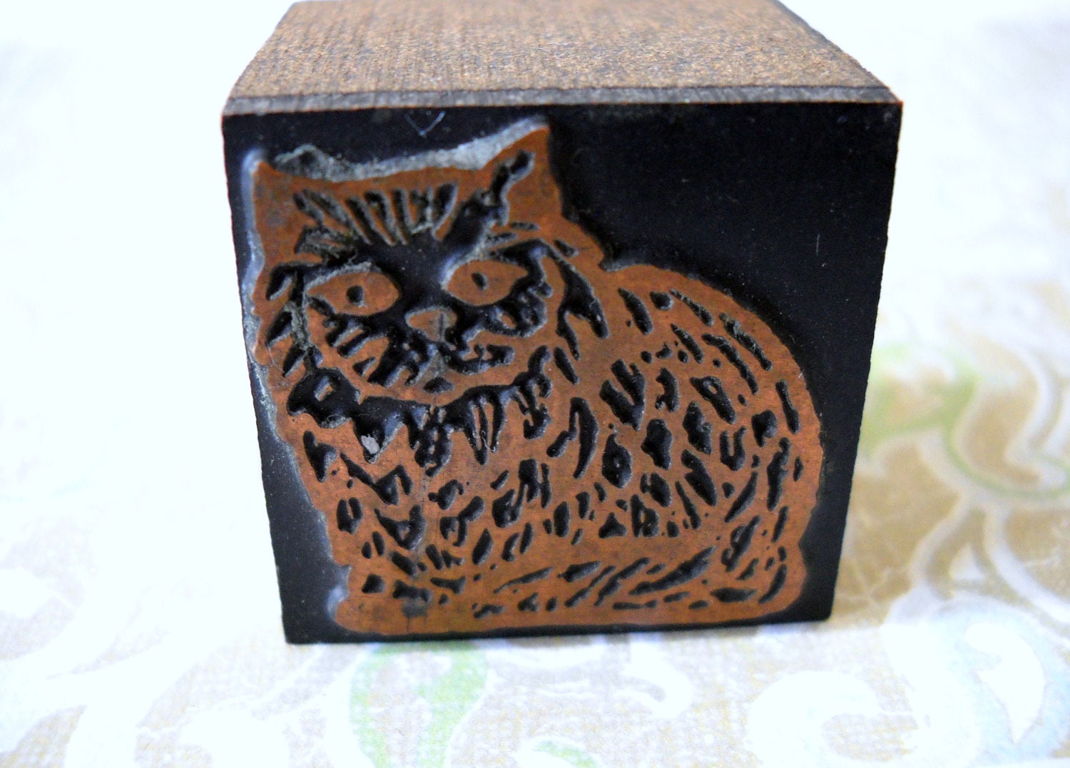 Copper Wood Block Stamp Sitting Cat Meow