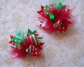 Classic Christmas---Hair Bows Set of 2---Mini Funky Fun Over the Top Bows--Red and Emerald Green