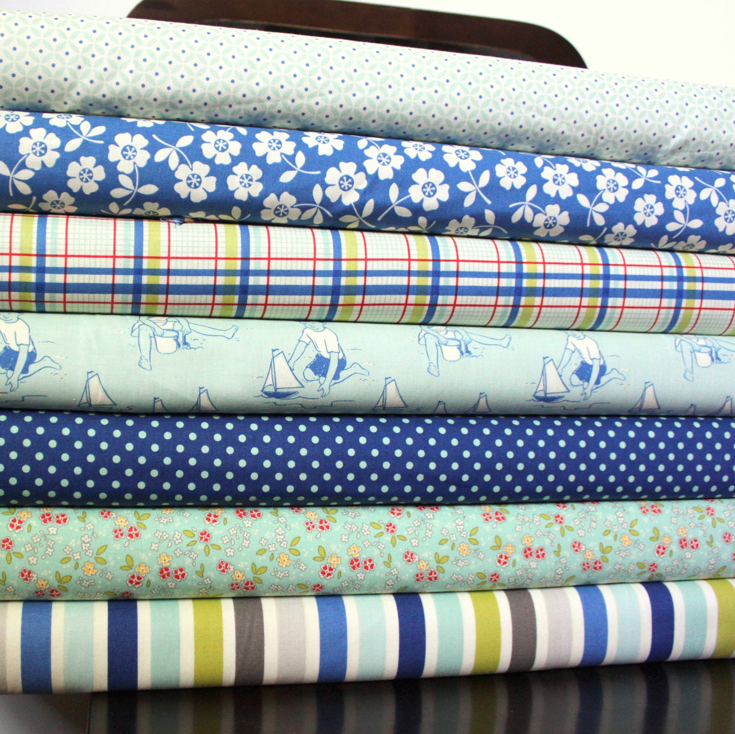 Aqua and Blue Seaside Fabric, Seaside by October Afternoon for Riley Blake, Fat Quarter Bundle, 7 Prints Total