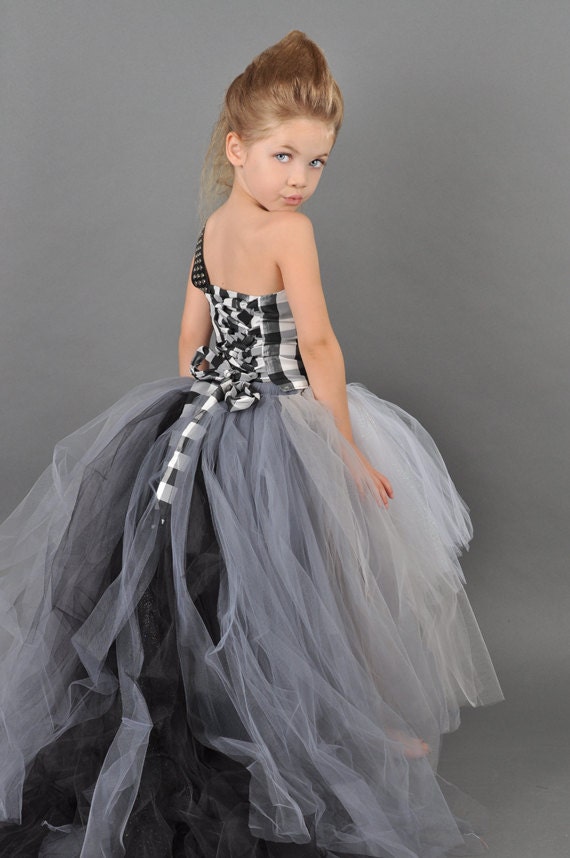 One Shoulder Flower Girl Dress w Mullet Skirt Tutu and Detachable Train--Rock n Roll Color Block--Perfect for Weddings