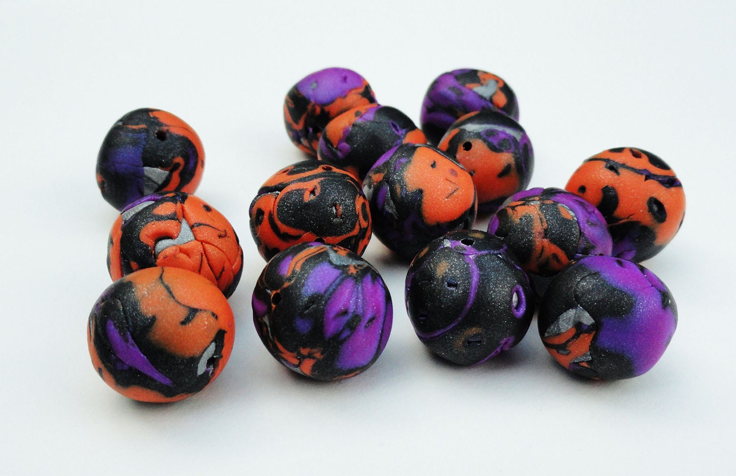 Handmade Polymer Clay Art Beads Purple Orange Black Pumpkin Violet Set of Dozen 12 Plus 2 free