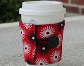 Reusable Coffee Sleeve / Coffee Cozy - Red, Black and White Sunburst
