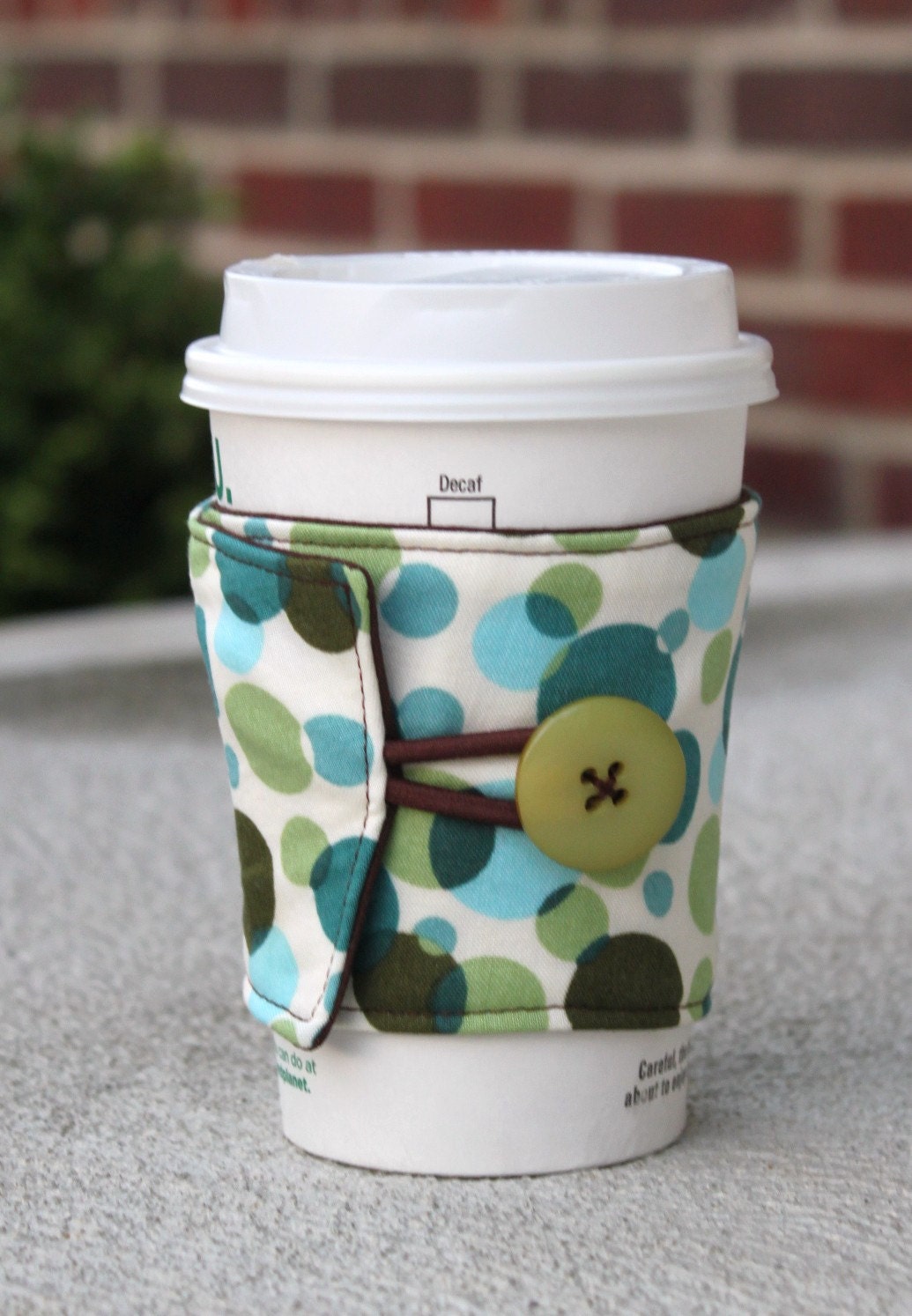 Coffee or Beverage Cup Sleeve - Reusable Cozy - Green, Teal and Brown Polka Dots