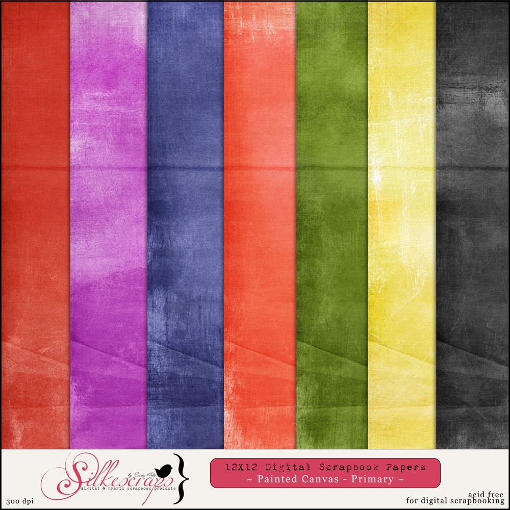 Digital Scrapbook Papers - PAINTED CANVAS - PRIMARY Colors for card making, scrapbooking - Printable