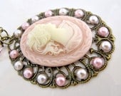 Cameo necklace, jewelry, pendant, pink necklace, gift for her, victorian cameo, romantic jewelry, vintage style, large pendant